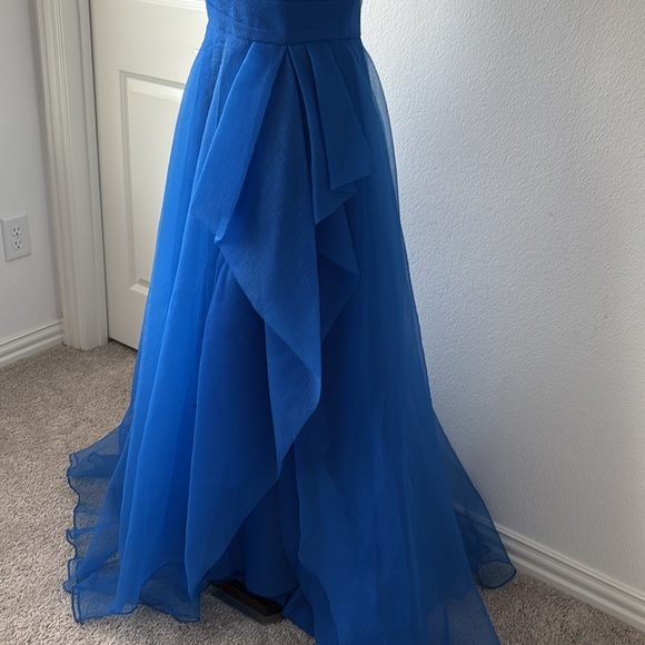 Theia Blue Asymmetrical Ruffled Strapless Gown - Picture 7 of 9